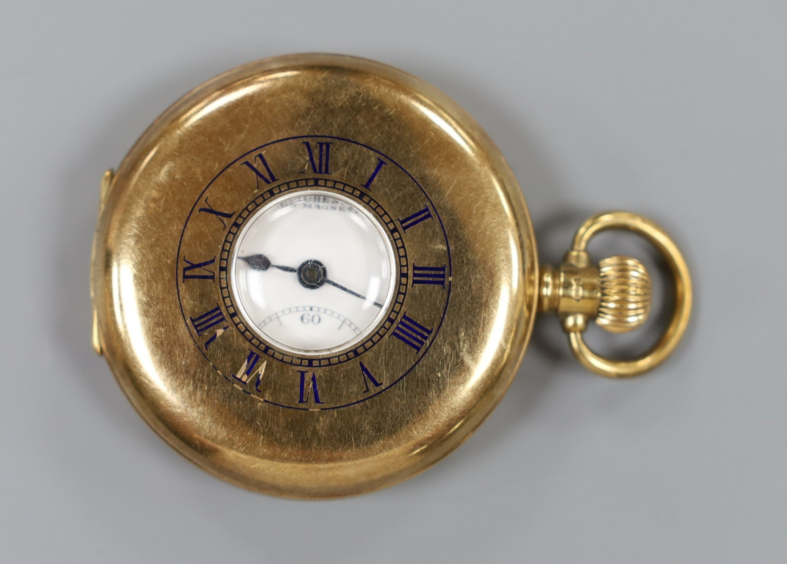 A George V 9ct gold half hunter keyless pocket watch by Samuel of Manchester, case diameter 49mm, gross weight 91.8 grams.